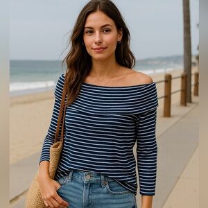 Lucky Brand Off-Shoulder Navy Stripe Long Sleeve Top XL NWT